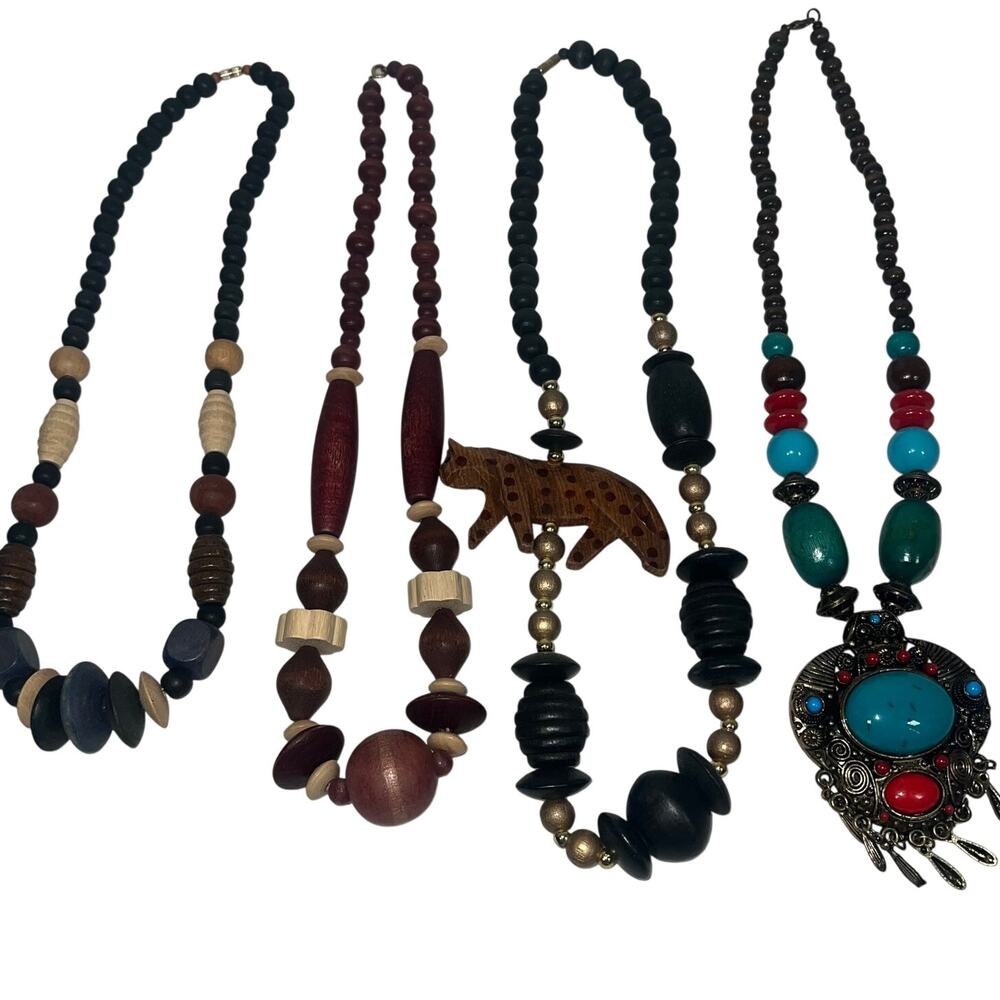 Wooden Metal Beaded Necklaces Lot of 4 Statement Jungle Faux Turquoise Coral